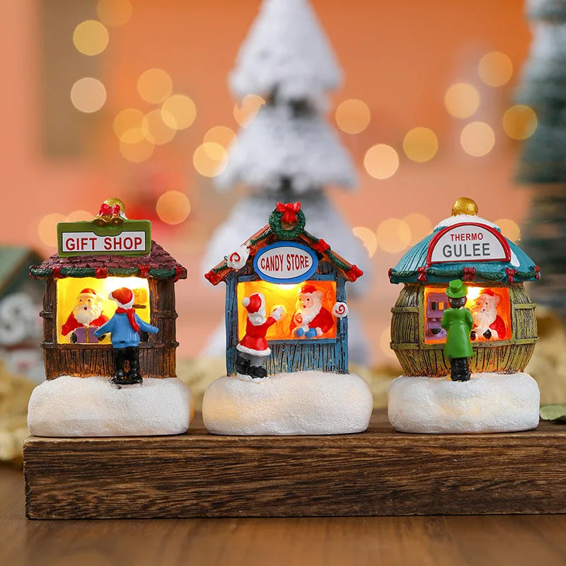 Christmas Resin Small House Santa Claus Shop Micro Landscape Resin Ornaments LED House Christmas Snowman Luminous Decoration
