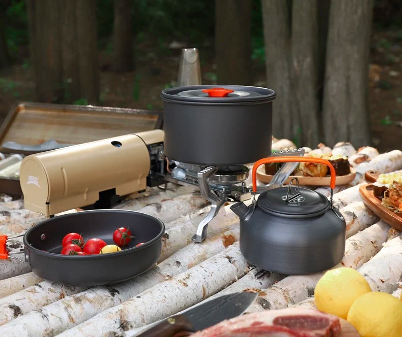 Camping Cookware Kit Outdoor Aluminum Lightweight Equipment Camping Cooking Kit For Traveling Trekking Hiking Supplies