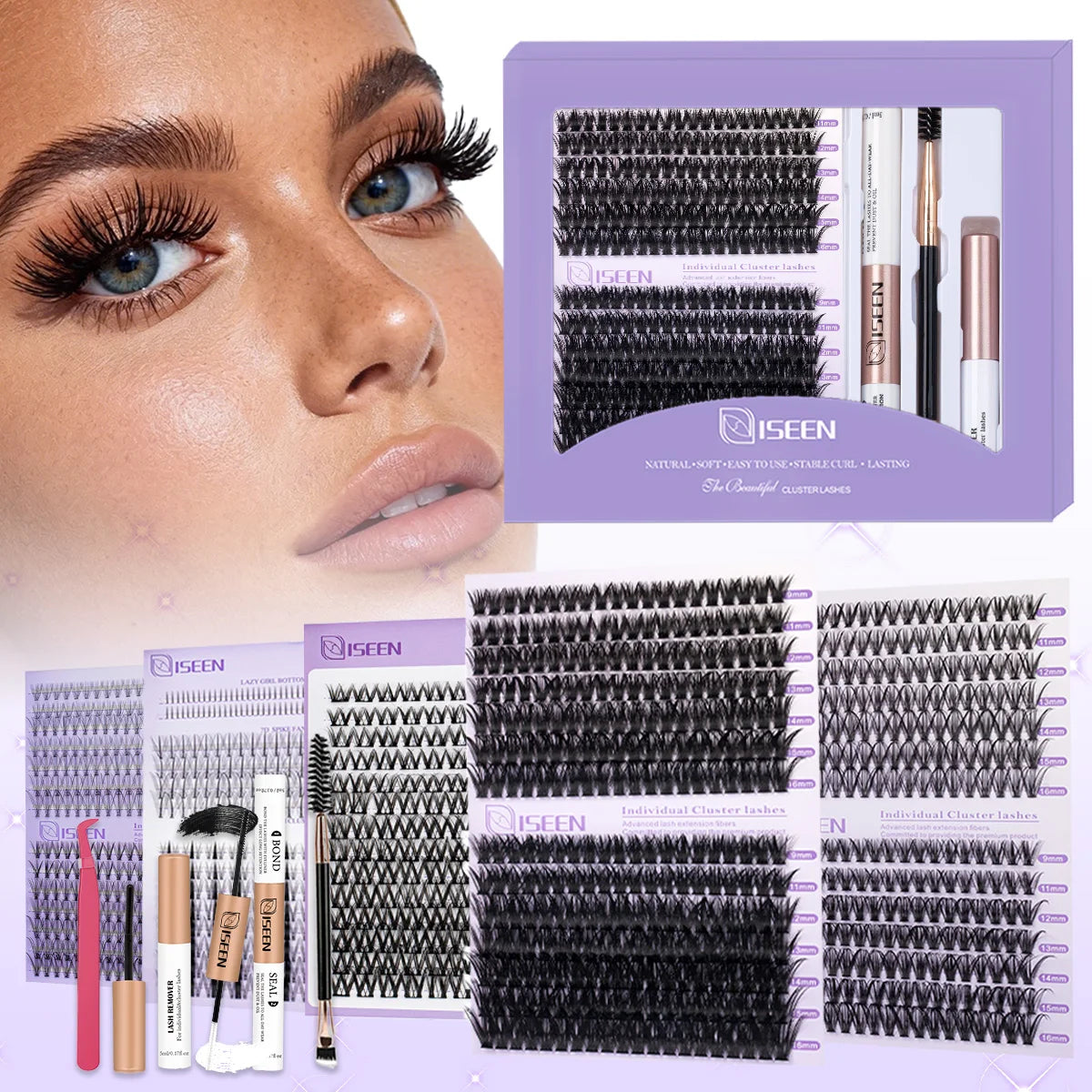 DIY Lash Extension Kit Clusters Individual Eyelashes Kit Mix Styles 9-16mm with Bond and Seal Eye Makeup Tool