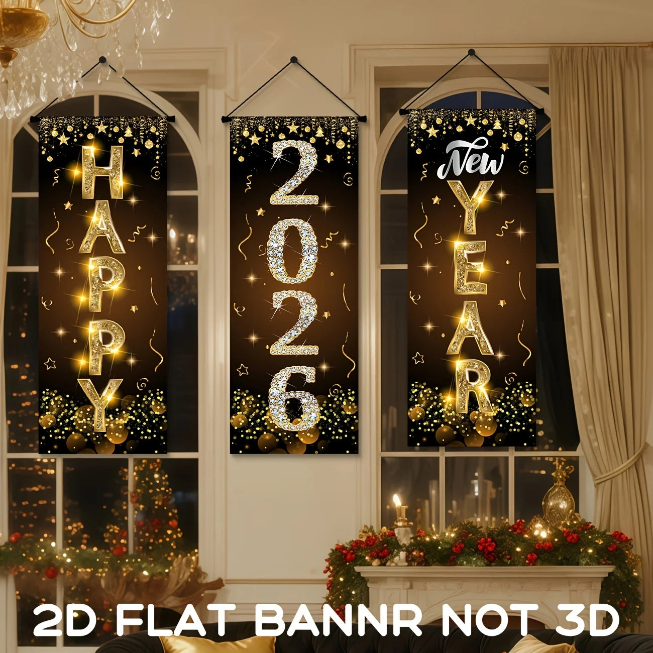 2026 New Year Decorations Happy New Year Banner Black Gold New Year Door Cover Hanging Decorations for 2025 New Years Eve Party
