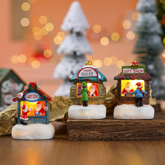 Christmas Resin Small House Santa Claus Shop Micro Landscape Resin Ornaments LED House Christmas Snowman Luminous Decoration