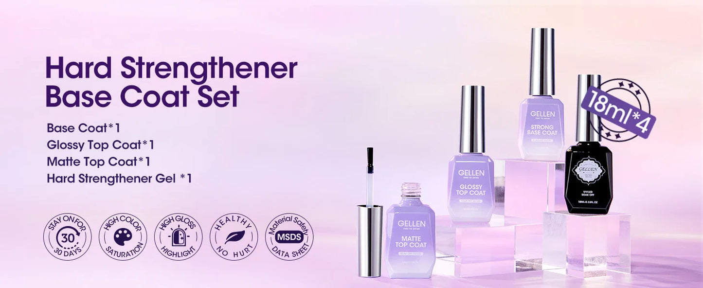 GELLEN Professional Nail Art Gel Set 18ml 4Pcs Base Top Coat Clear Strengthener Soak Off Polish Manicure DIY Kit Long Lasting