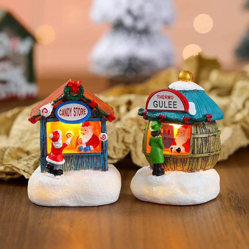 Christmas Resin Small House Santa Claus Shop Micro Landscape Resin Ornaments LED House Christmas Snowman Luminous Decoration
