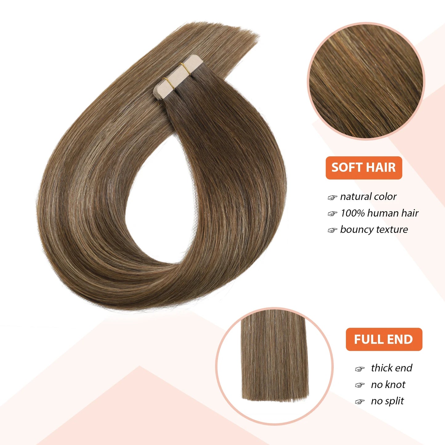 XDhair 100% Tape in Hair Extensions Human Hair 14"22" 50g 20pcs Balayage Chocolate Brown to Caramel Blonde Tape Hair Extensions