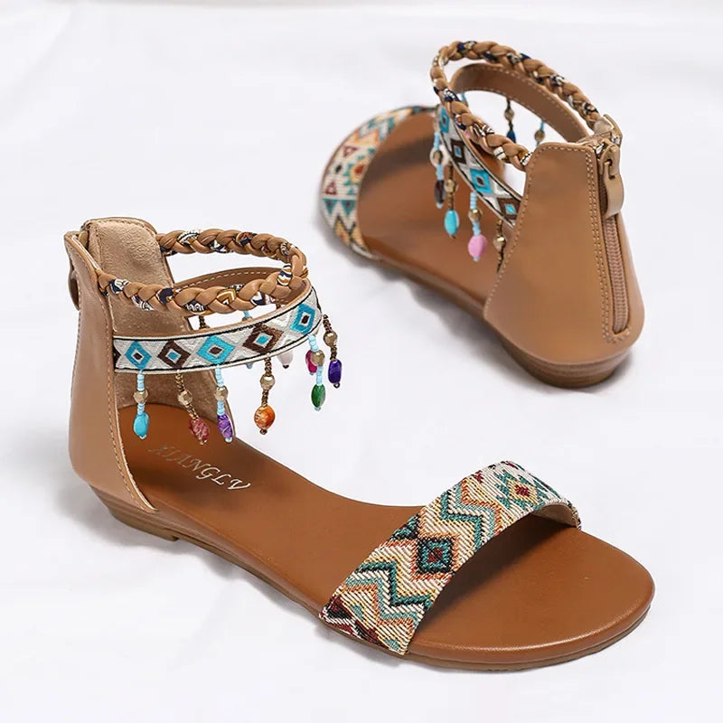 Fashion Women's Sandals 2024 Summer New Style Rear Zipper Beaded Tassel Women's Shoes Ethnic Style Roman Sandals Women