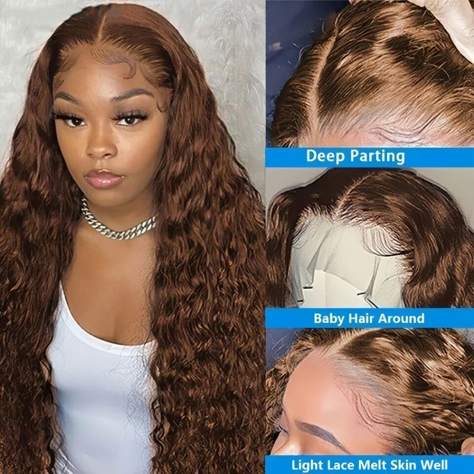 13x4 Chocolate Brown HD Lace Front Wig 13x6 Deep Wave Frontal Wig PrePlucked Colored Brown Curly Human Hair Wigs For Black Women