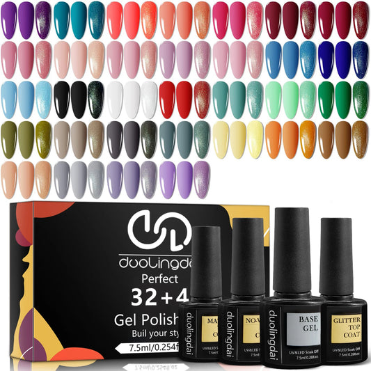 36 pcs Gel Nail Polish Set-32 Colors Gel Polish Kit Base Coat Glossy Matte And Glitter Top Coat Nail Polish Set