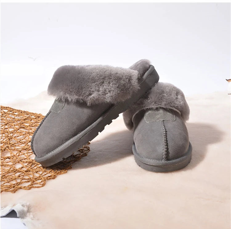 KZZO Fashion Natural Sheepskin Leather Slippers For Men Winter Warm Indoor Fur Slippers Soft Wool Lady Home Shoes Non-slip