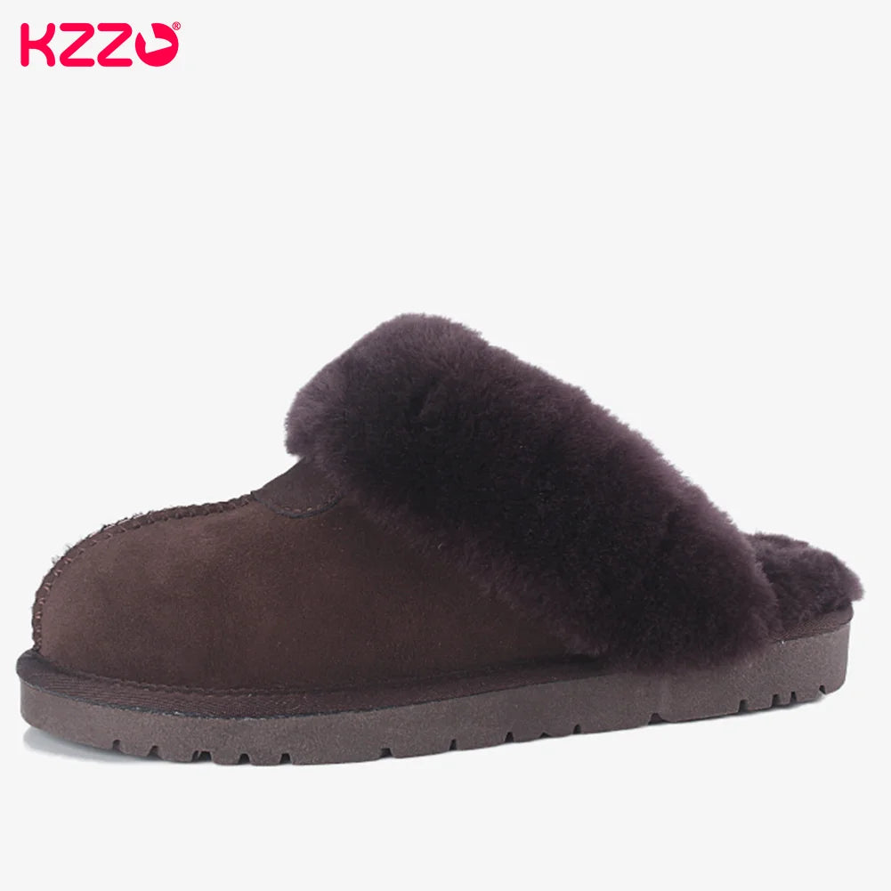 KZZO Fashion Natural Sheepskin Leather Slippers For Men Winter Warm Indoor Fur Slippers Soft Wool Lady Home Shoes Non-slip