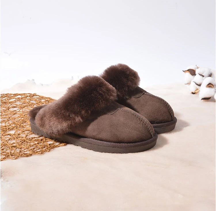 KZZO Fashion Natural Sheepskin Leather Slippers For Men Winter Warm Indoor Fur Slippers Soft Wool Lady Home Shoes Non-slip