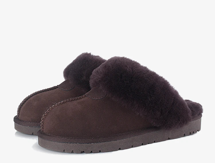 KZZO Fashion Natural Sheepskin Leather Slippers For Men Winter Warm Indoor Fur Slippers Soft Wool Lady Home Shoes Non-slip