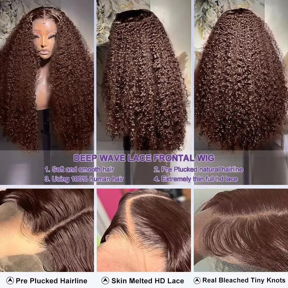 13x4 Chocolate Brown HD Lace Front Wig 13x6 Deep Wave Frontal Wig PrePlucked Colored Brown Curly Human Hair Wigs For Black Women