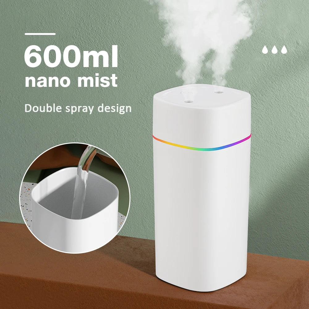 USB Water Air Humidifier Fog Steam Double Spray Aroma Diffuser 600ml Cool Mist Bedroom Home Car Plants Purifier Humificador