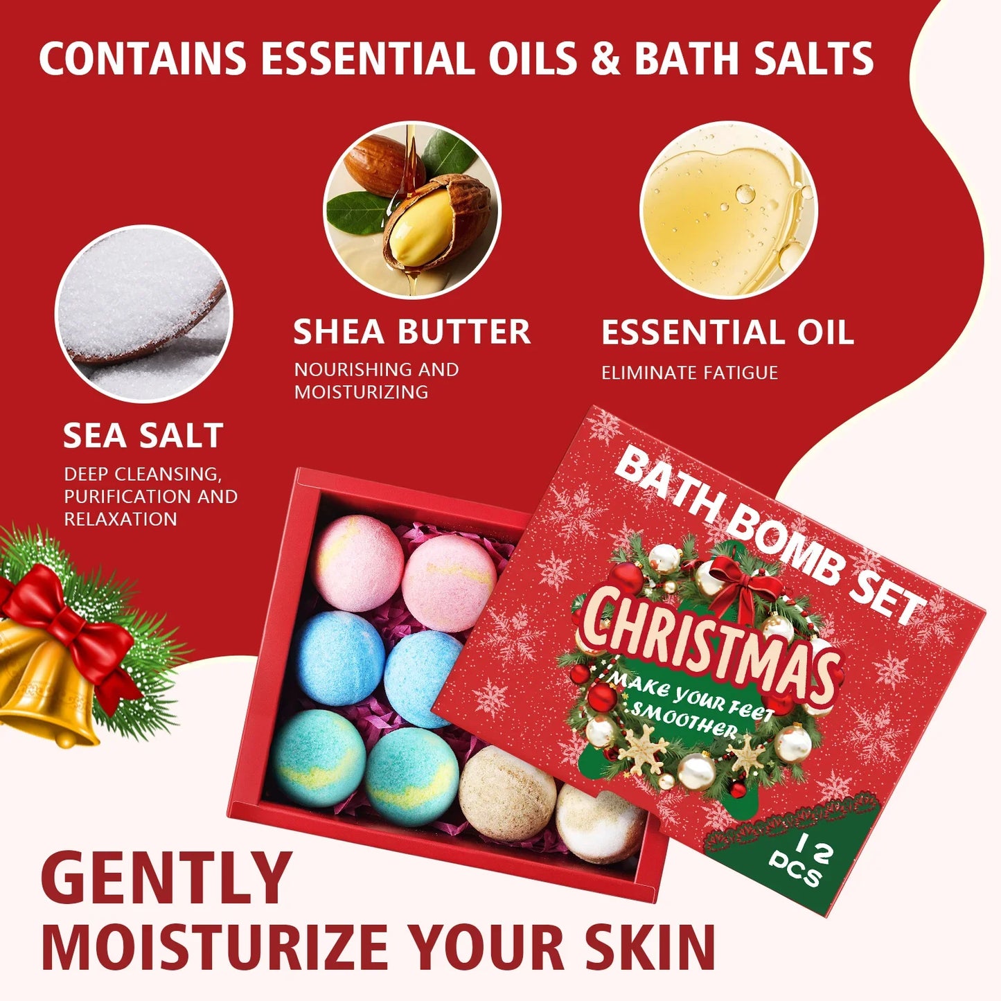 12 Pcs Christmas Bath Sea Salt Bath Softening Keratin Remove Dead Skin for Foot Spa Relaxing Gift Box for Women Men