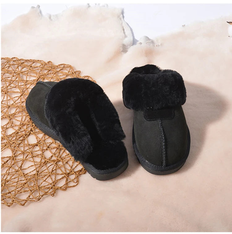 KZZO Fashion Natural Sheepskin Leather Slippers For Men Winter Warm Indoor Fur Slippers Soft Wool Lady Home Shoes Non-slip
