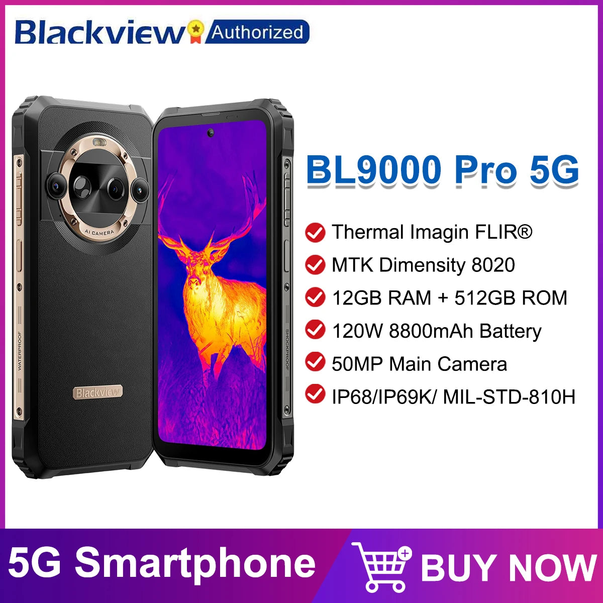 Blackview BL9000 PRO 5G Rugged Smartphone 6.78'' 2.4K 12GB 512GB Thermal Imaging Camera FLIR® 8800mAh 120W Android 14 NFC