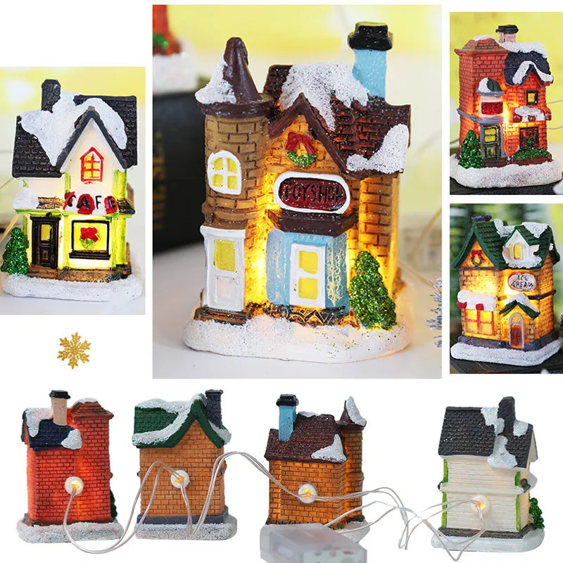 LED Resin Christmas Village Ornaments Set Figurines Decoration Santa Claus Pine Needles Snow View House Holiday Gift Home Decor