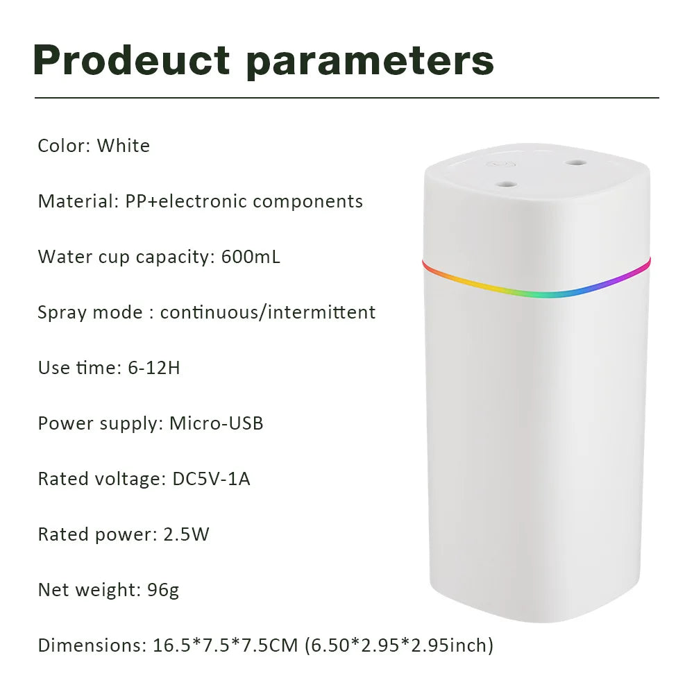 USB Water Air Humidifier Fog Steam Double Spray Aroma Diffuser 600ml Cool Mist Bedroom Home Car Plants Purifier Humificador
