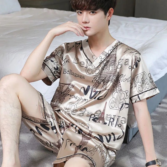 Pajamas Men Ice Silk Thin Short-Sleeved Two-Piece Suit Korean Version of the Loose Large Size Men Home Clothing with Letters