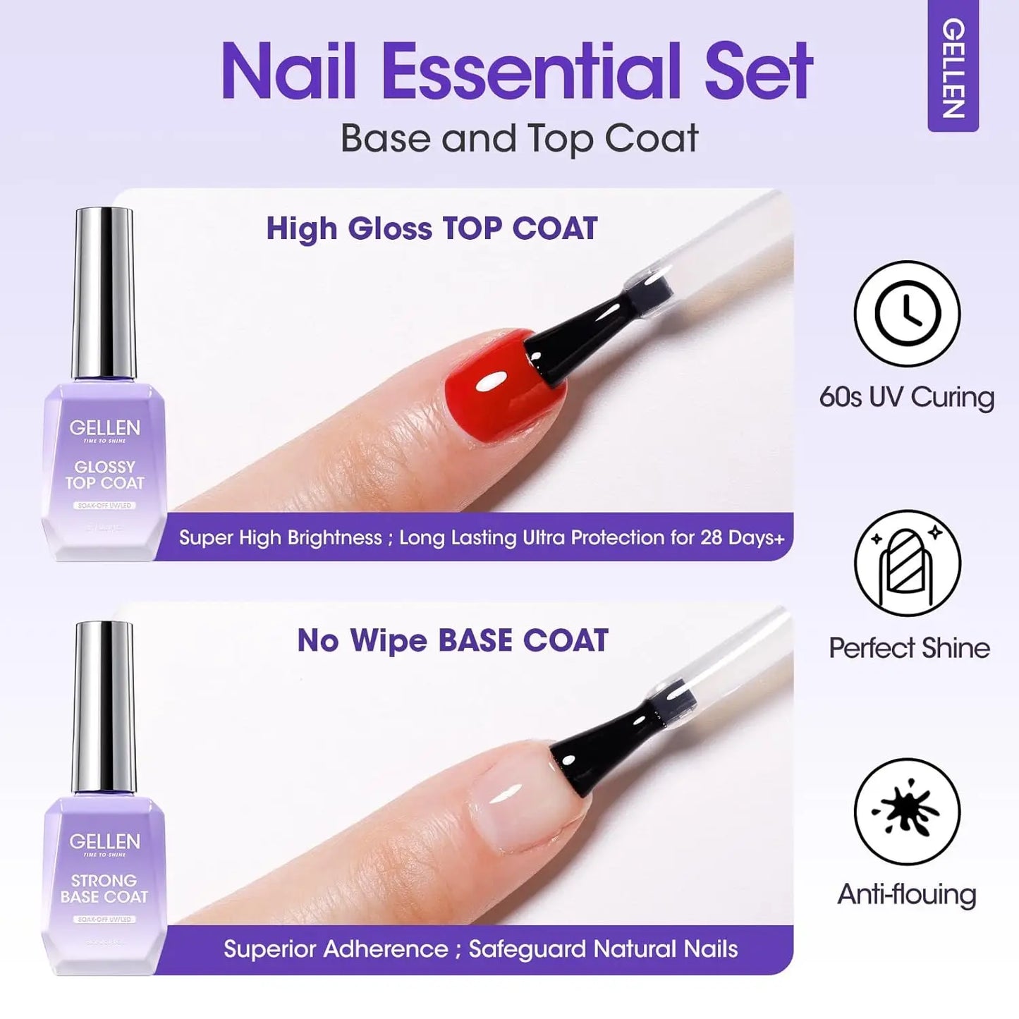 GELLEN Professional Nail Art Gel Set 18ml 4Pcs Base Top Coat Clear Strengthener Soak Off Polish Manicure DIY Kit Long Lasting