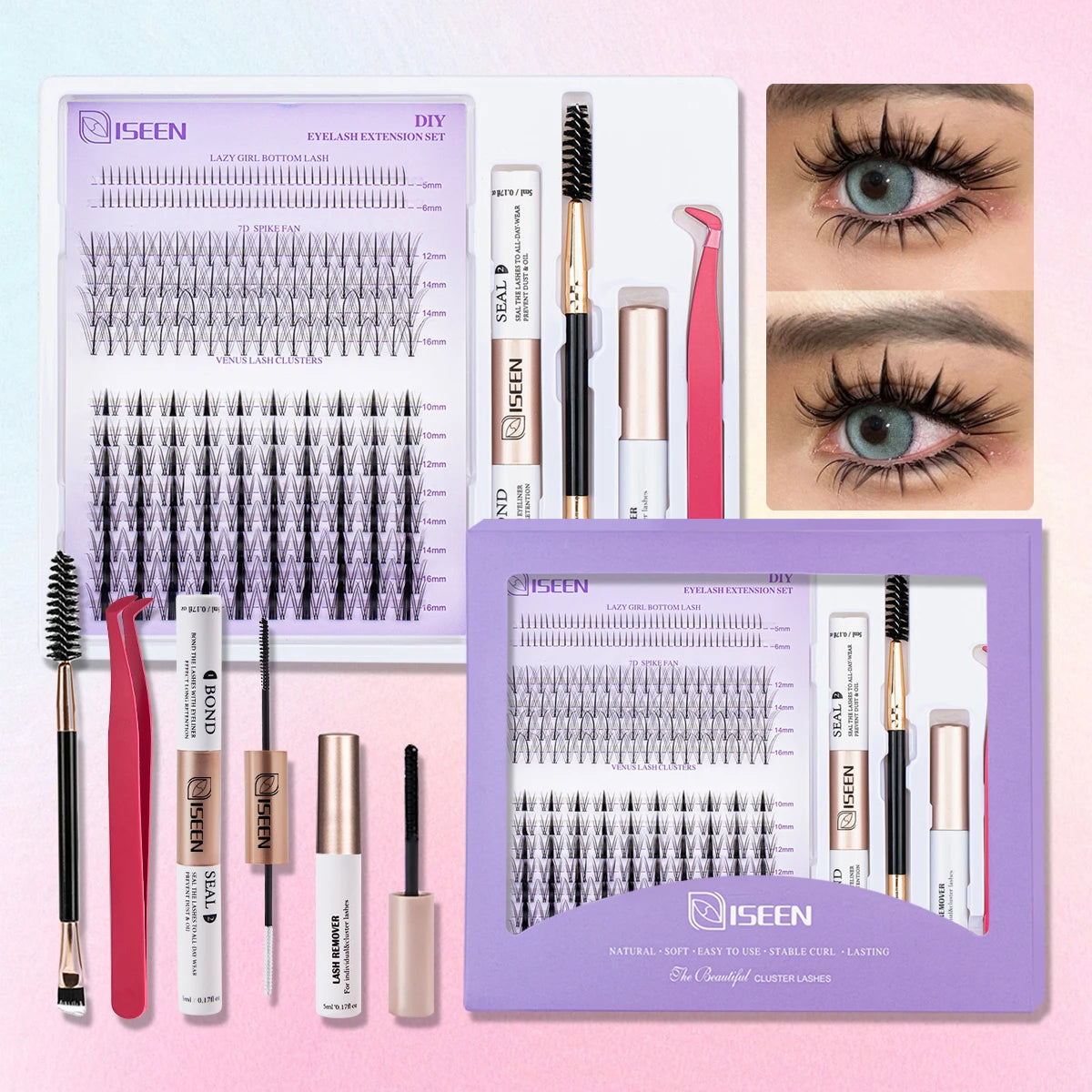DIY Lash Extension Kit Clusters Individual Eyelashes Kit Mix Styles 9-16mm with Bond and Seal Eye Makeup Tool