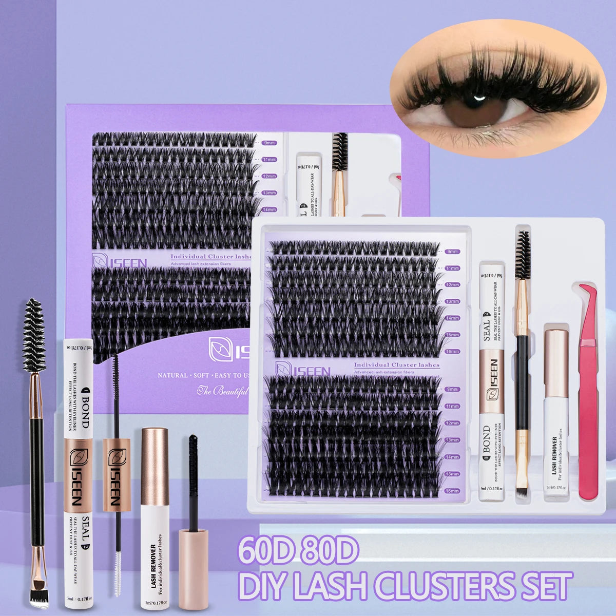 DIY Lash Extension Kit Clusters Individual Eyelashes Kit Mix Styles 9-16mm with Bond and Seal Eye Makeup Tool