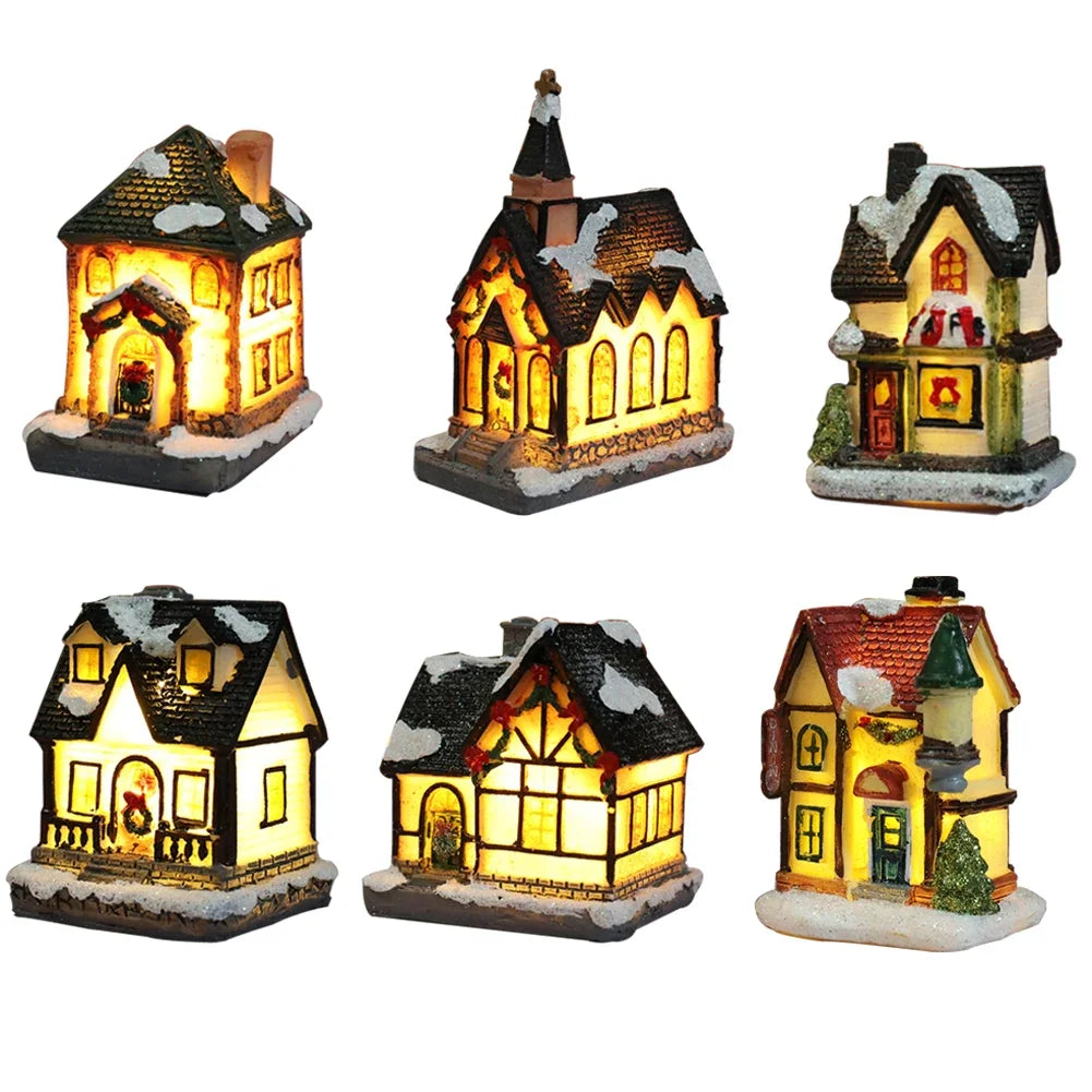 1PC Christmas Village Houses LED Light, DIY Resin Small House Battery Operate Christmas Ornamnet for Home Xmas New Year Decor