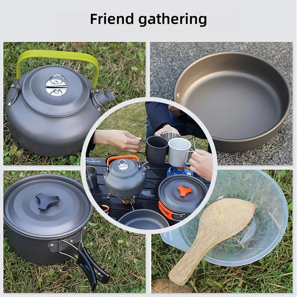 Outdoor pot and kettle set - portable outdoor cooking equipment set - camping water boiling kettle and cooking utensils