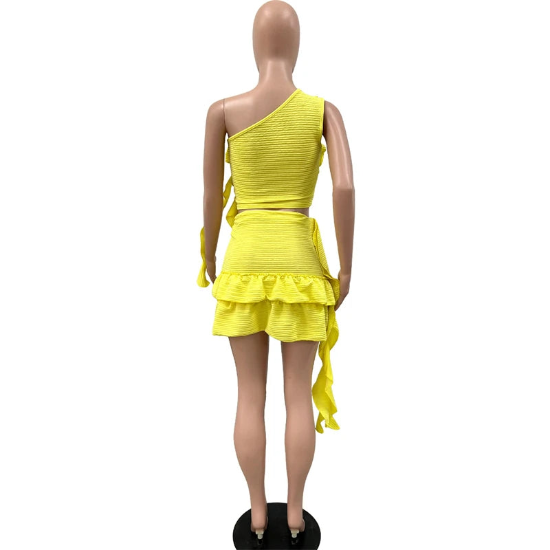 2024 Summer Women Solid Ruffles 2 Piece Set One Shoulder Sleeveless Crop Top Ribbons Mini Skirts Casual Streetwear Suits