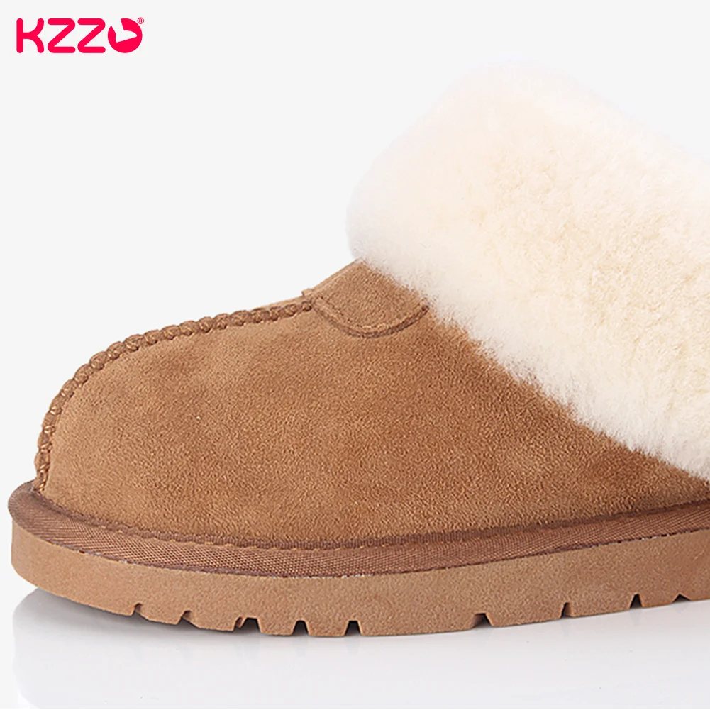 KZZO Fashion Natural Sheepskin Leather Slippers For Men Winter Warm Indoor Fur Slippers Soft Wool Lady Home Shoes Non-slip