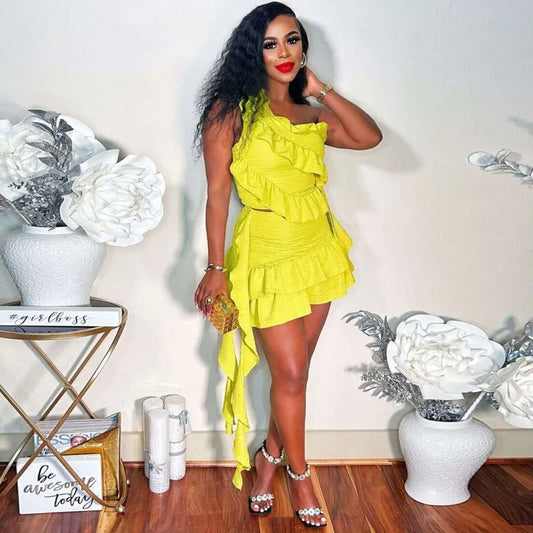 2024 Summer Women Solid Ruffles 2 Piece Set One Shoulder Sleeveless Crop Top Ribbons Mini Skirts Casual Streetwear Suits