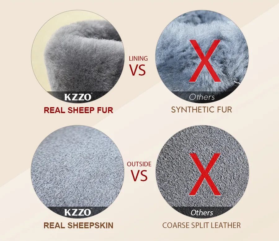 KZZO Fashion Natural Sheepskin Leather Slippers For Men Winter Warm Indoor Fur Slippers Soft Wool Lady Home Shoes Non-slip