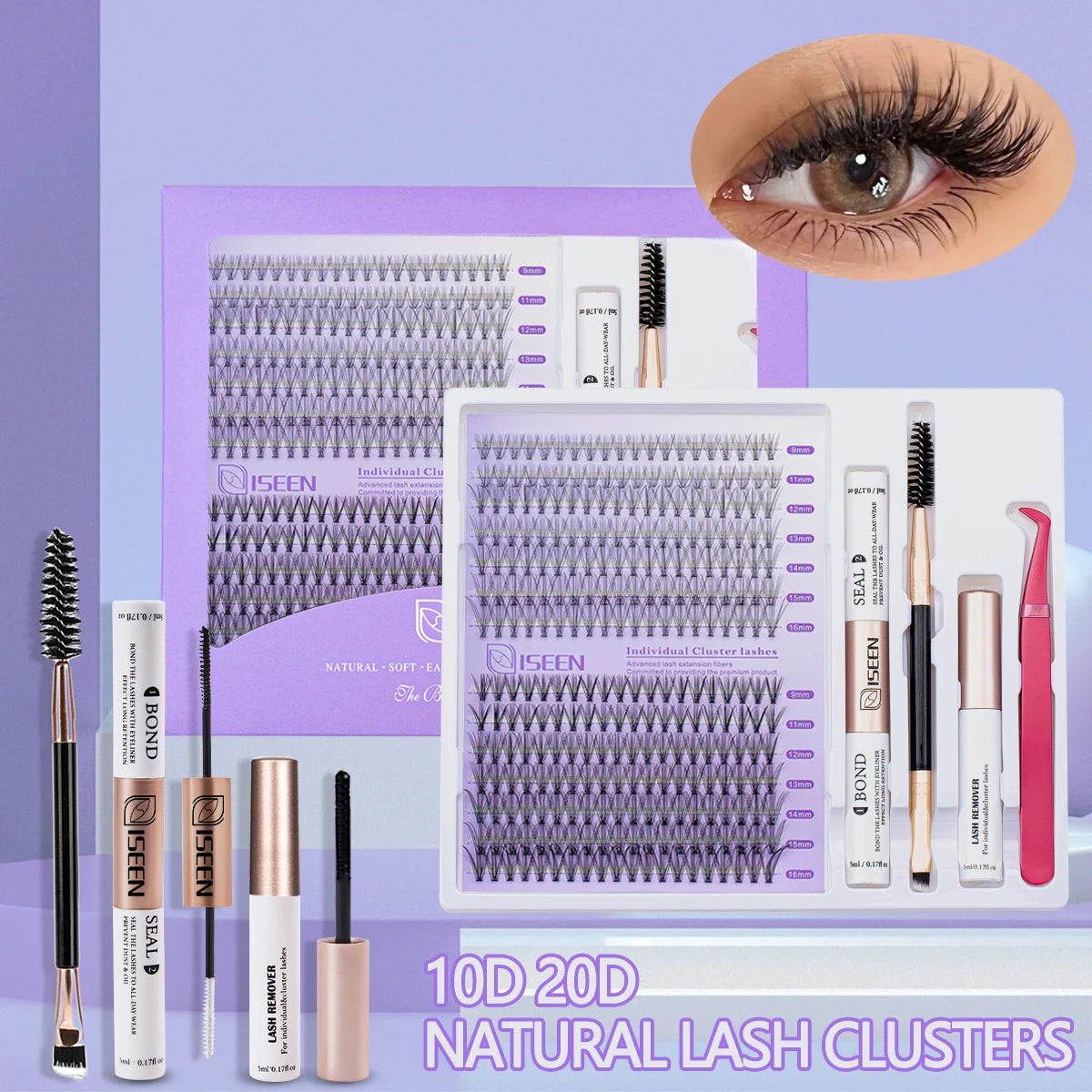DIY Lash Extension Kit Clusters Individual Eyelashes Kit Mix Styles 9-16mm with Bond and Seal Eye Makeup Tool