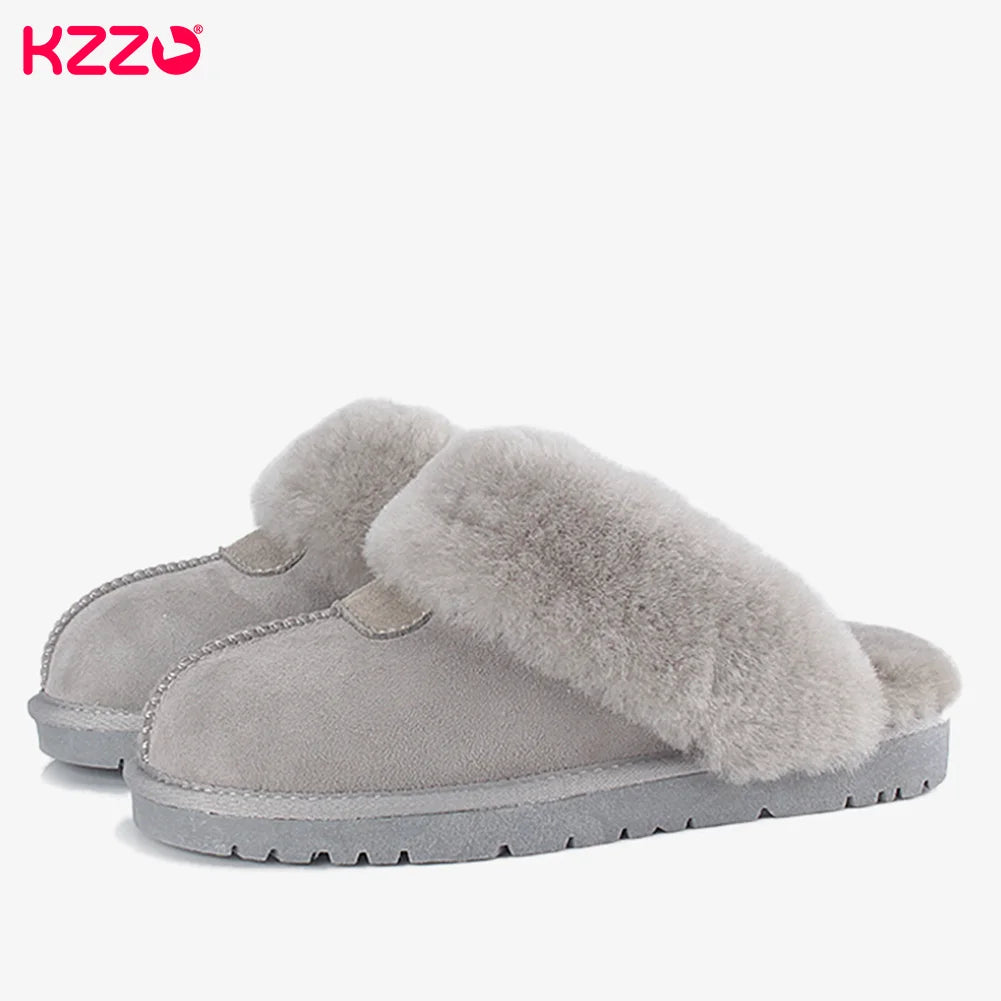 KZZO Fashion Natural Sheepskin Leather Slippers For Men Winter Warm Indoor Fur Slippers Soft Wool Lady Home Shoes Non-slip