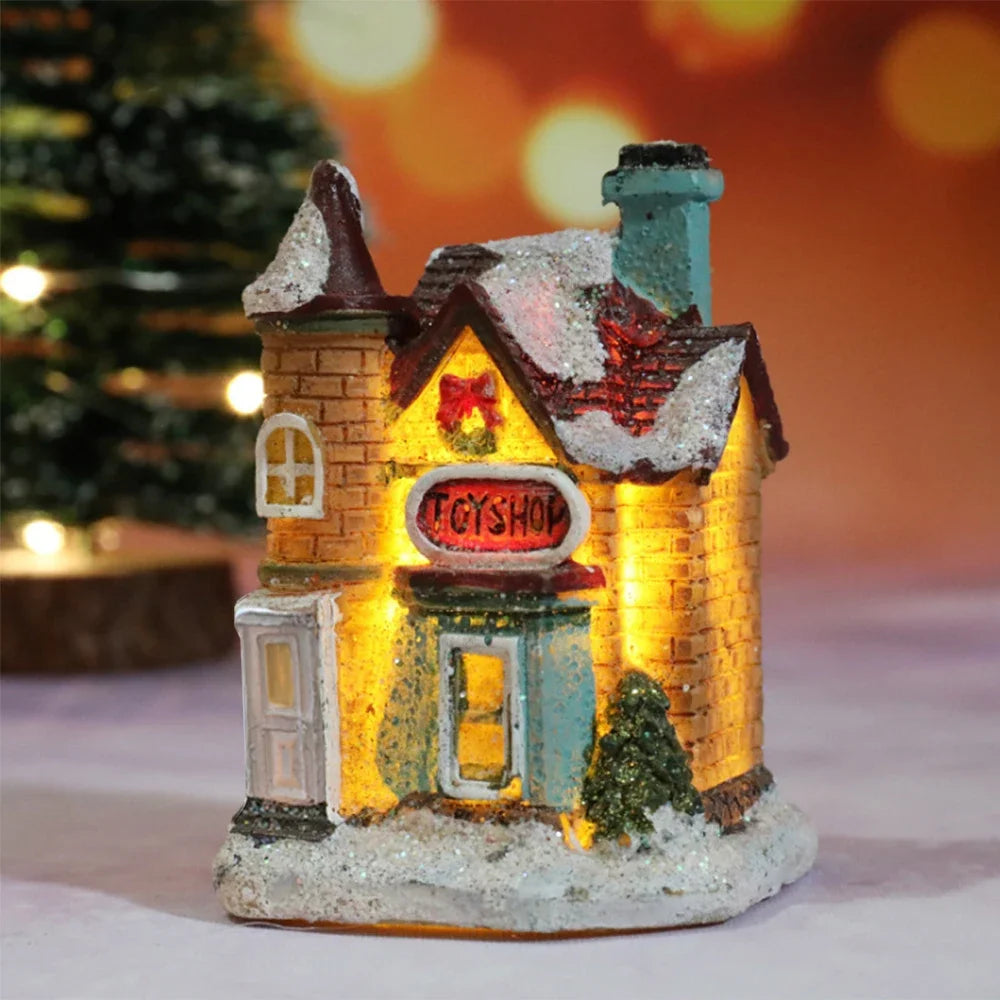 1PC Christmas Village Houses LED Light, DIY Resin Small House Battery Operate Christmas Ornamnet for Home Xmas New Year Decor