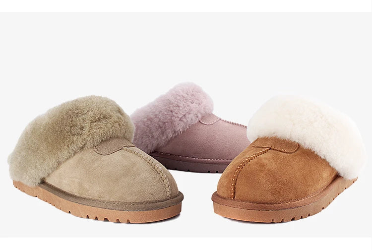 KZZO Fashion Natural Sheepskin Leather Slippers For Men Winter Warm Indoor Fur Slippers Soft Wool Lady Home Shoes Non-slip