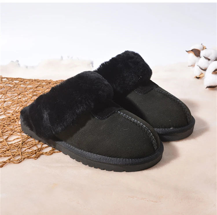KZZO Fashion Natural Sheepskin Leather Slippers For Men Winter Warm Indoor Fur Slippers Soft Wool Lady Home Shoes Non-slip