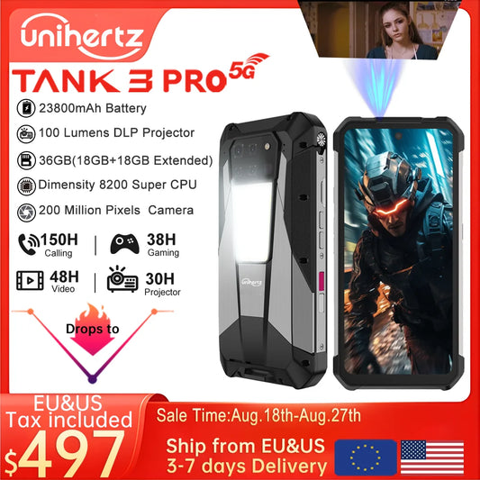 Unihertz 8849 Tank 3 Pro 5G Projector Phone 32GB 36GB RAM 512GB ROM Cell Phone 23800mAh 120W Fast Charger 200MP Camera Dual Sim