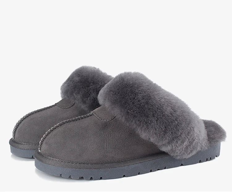 KZZO Fashion Natural Sheepskin Leather Slippers For Men Winter Warm Indoor Fur Slippers Soft Wool Lady Home Shoes Non-slip