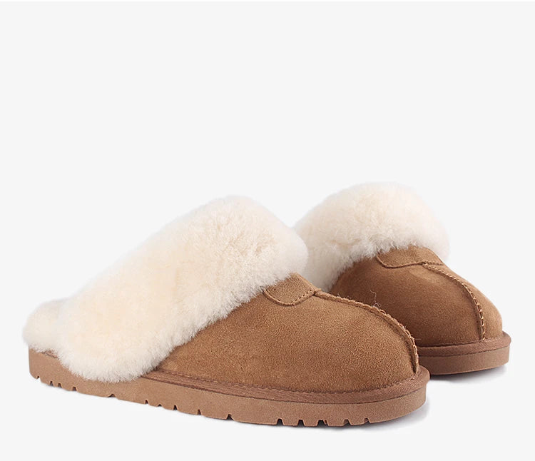 KZZO Fashion Natural Sheepskin Leather Slippers For Men Winter Warm Indoor Fur Slippers Soft Wool Lady Home Shoes Non-slip
