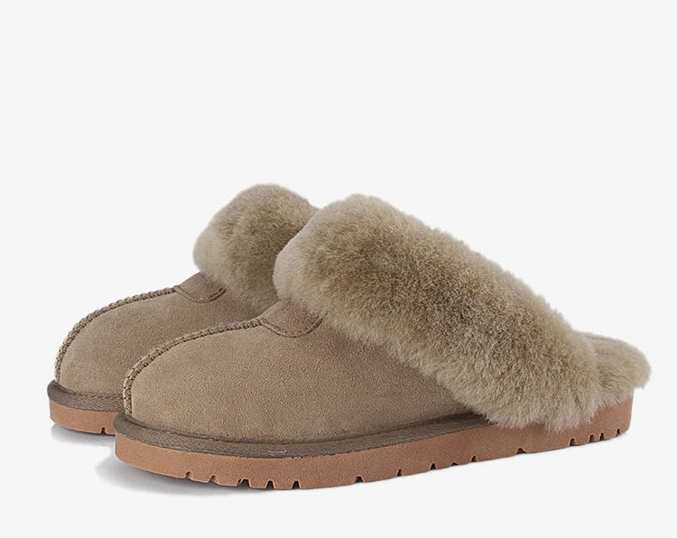 KZZO Fashion Natural Sheepskin Leather Slippers For Men Winter Warm Indoor Fur Slippers Soft Wool Lady Home Shoes Non-slip