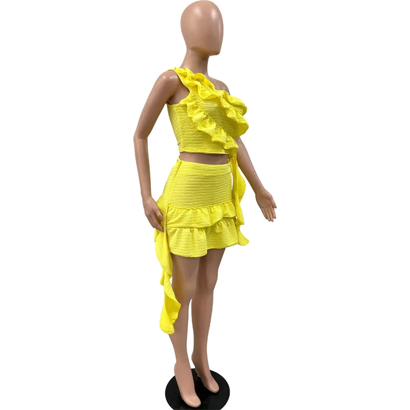 2024 Summer Women Solid Ruffles 2 Piece Set One Shoulder Sleeveless Crop Top Ribbons Mini Skirts Casual Streetwear Suits