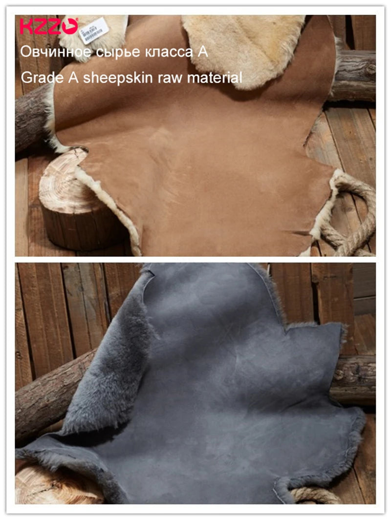 KZZO Fashion Natural Sheepskin Leather Slippers For Men Winter Warm Indoor Fur Slippers Soft Wool Lady Home Shoes Non-slip